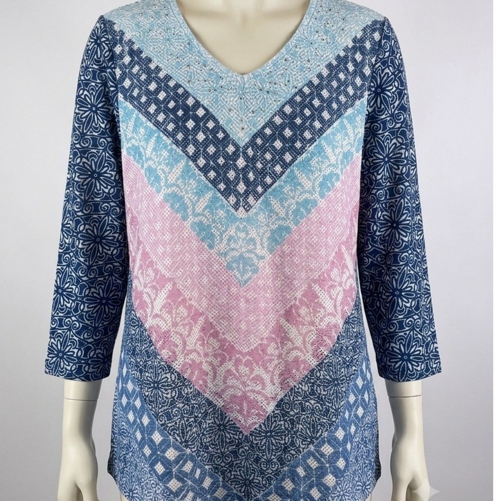 Alfred Dunner Womens Cottagecore Blue Patchwork Chevron V-Neck 3/4 Sleeve Top M